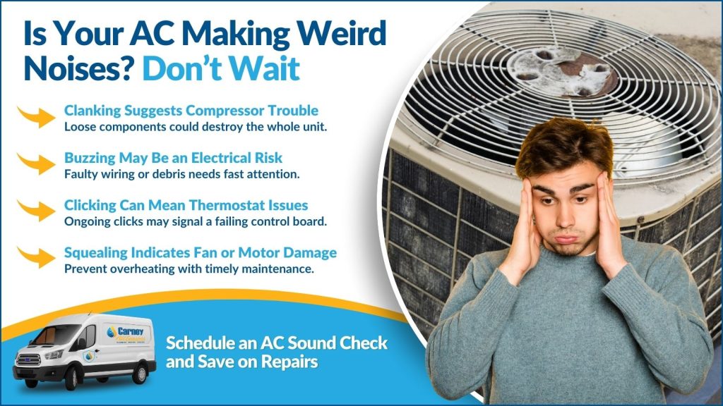 This is an image of an old AC unit with the person standing in front of it holding his head. The headline reads. Is your AC making weird noises? Don't wait.