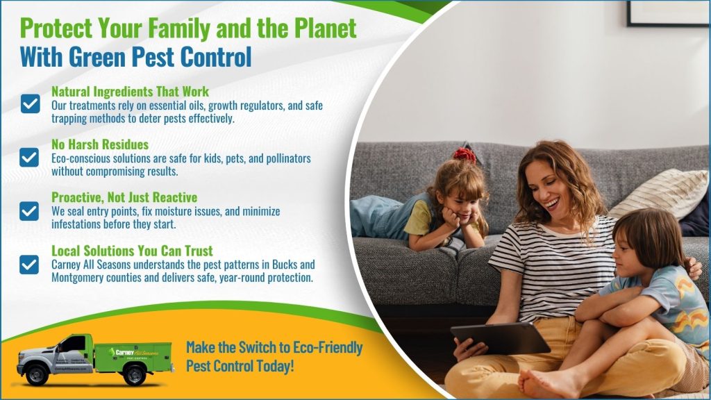 This is an image of a family, enjoying their home. The headline raise protect your family and the planet with green pest control.