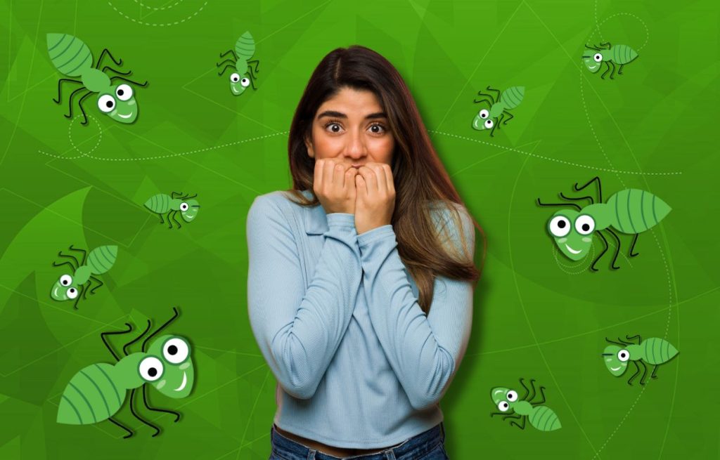 This is an image of a women scared of ants that are surrounding her.