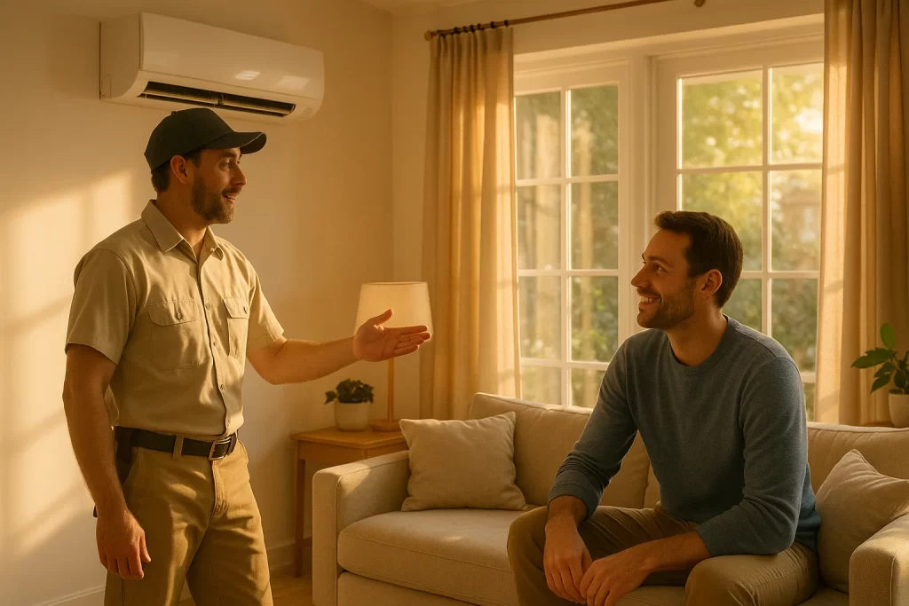 Homeowner discussing energy‑efficient AC with technician in living room