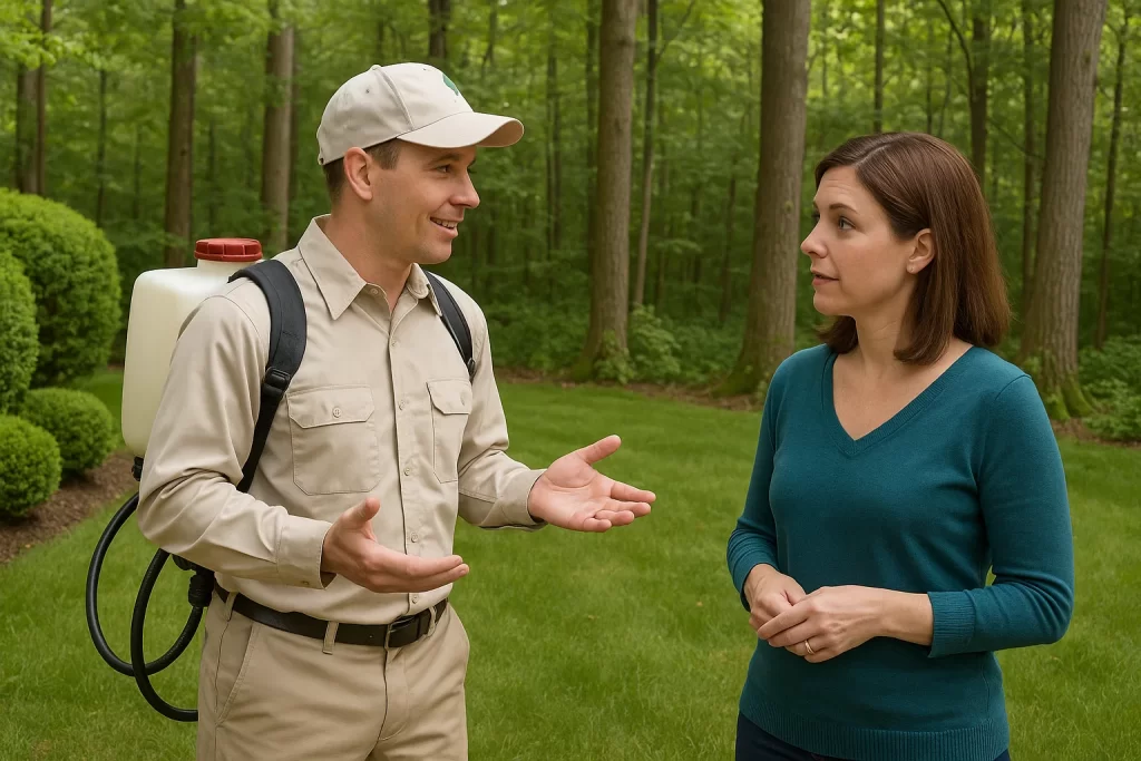 Pest control technician discussing tick control with a homeowner in her backyard.