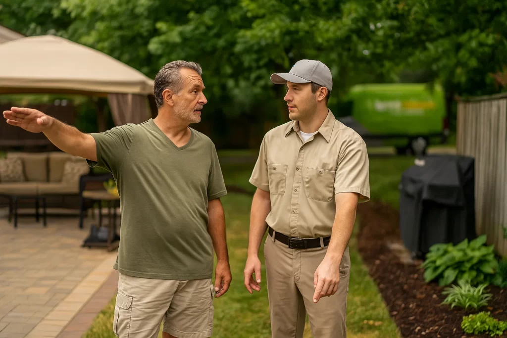 Homeowner and technician discuss backyard pest control near shaded patio in Pennsylvania