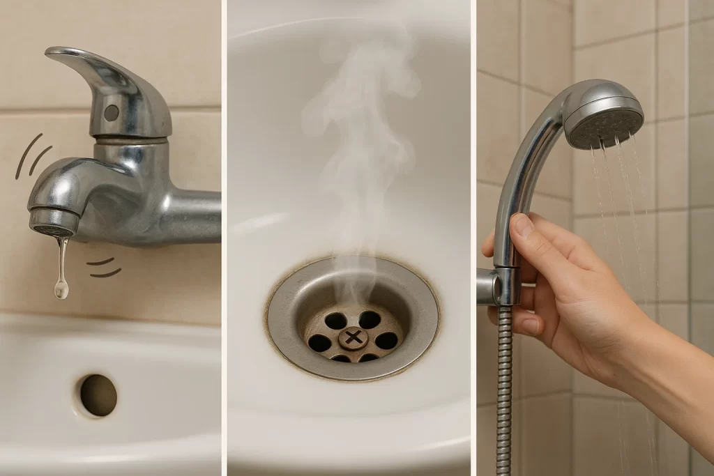 Three-part image showing noisy pipes, foul smells, and low water pressure.