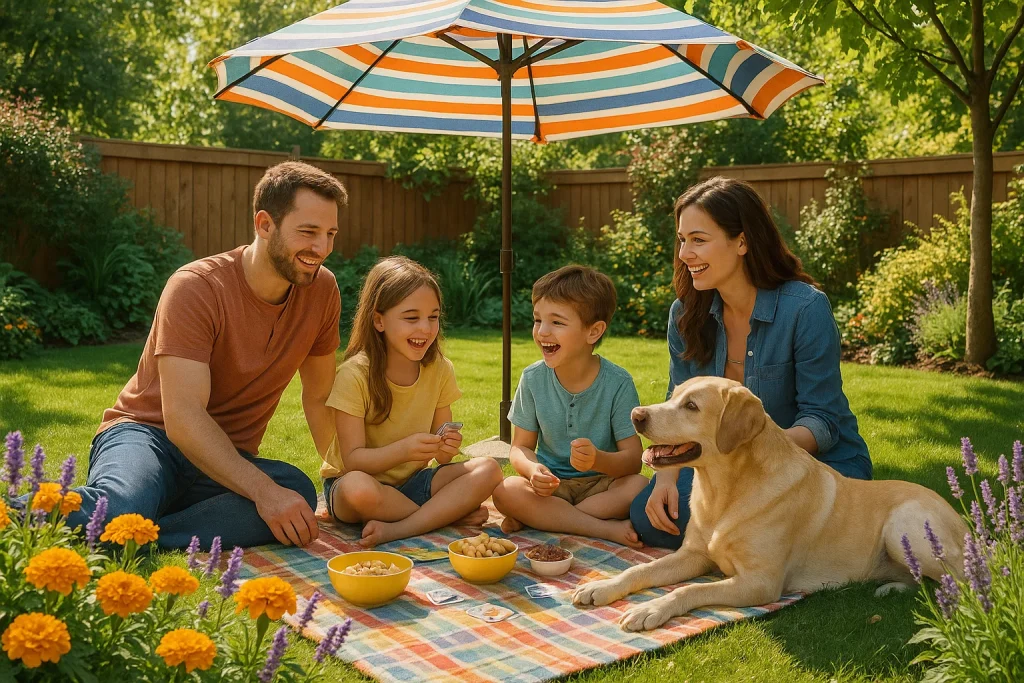 Family enjoying backyard picnic with natural mosquito deterrent plants.