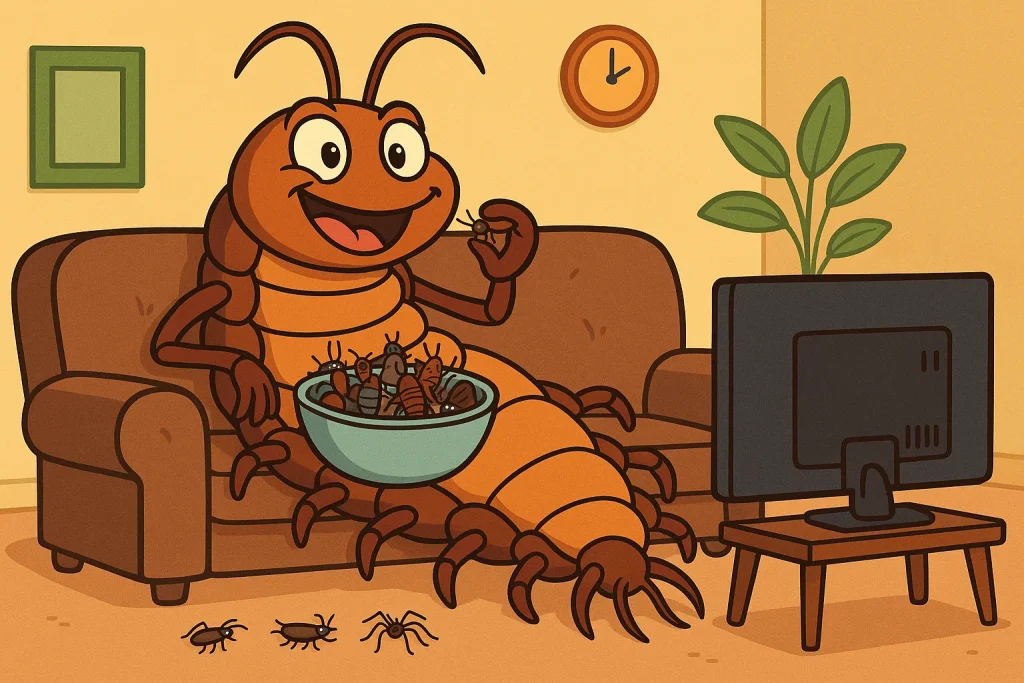 A playful image of a cartoon centipede sitting on a couch, eating bugs