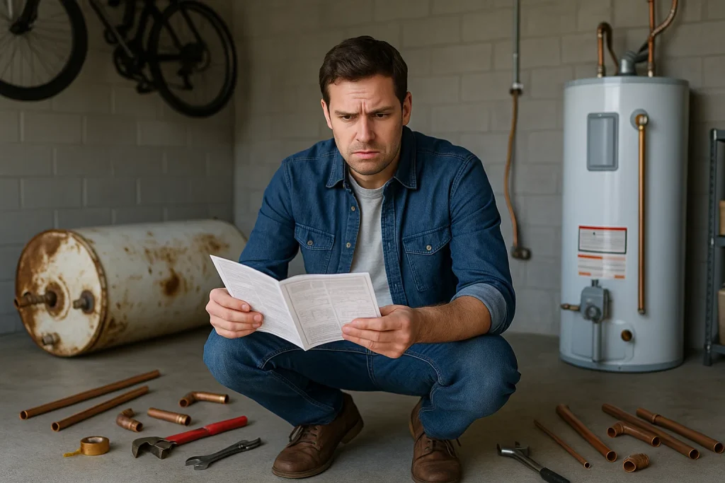 An image of a homeowner attempting to install his own hot water heater. He looks confused and frustrated.