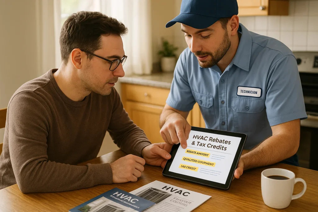Homeowner reviews tax credit eligibility on tablet with technician during HVAC consultation.