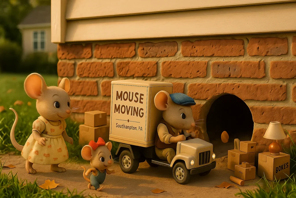 A anamorphic cartoon image of a family of mice moving into a house