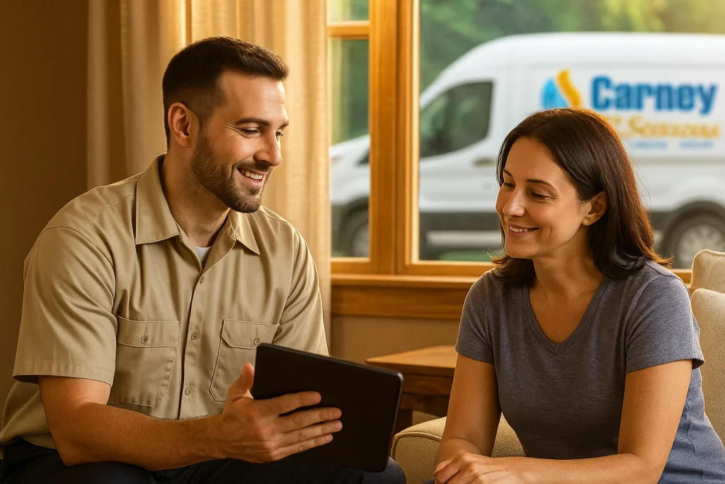 HVAC technician showing homeowner how many things be saved for money