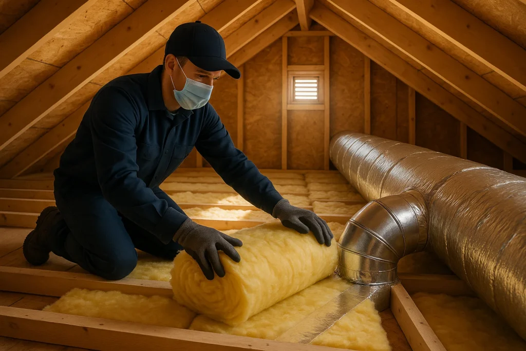 Attic insulation being installed and ductwork sealed to improve HVAC efficiency