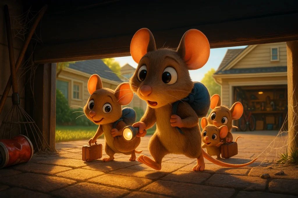 Cartoon mouse family sneaking into a neighborhood garage.