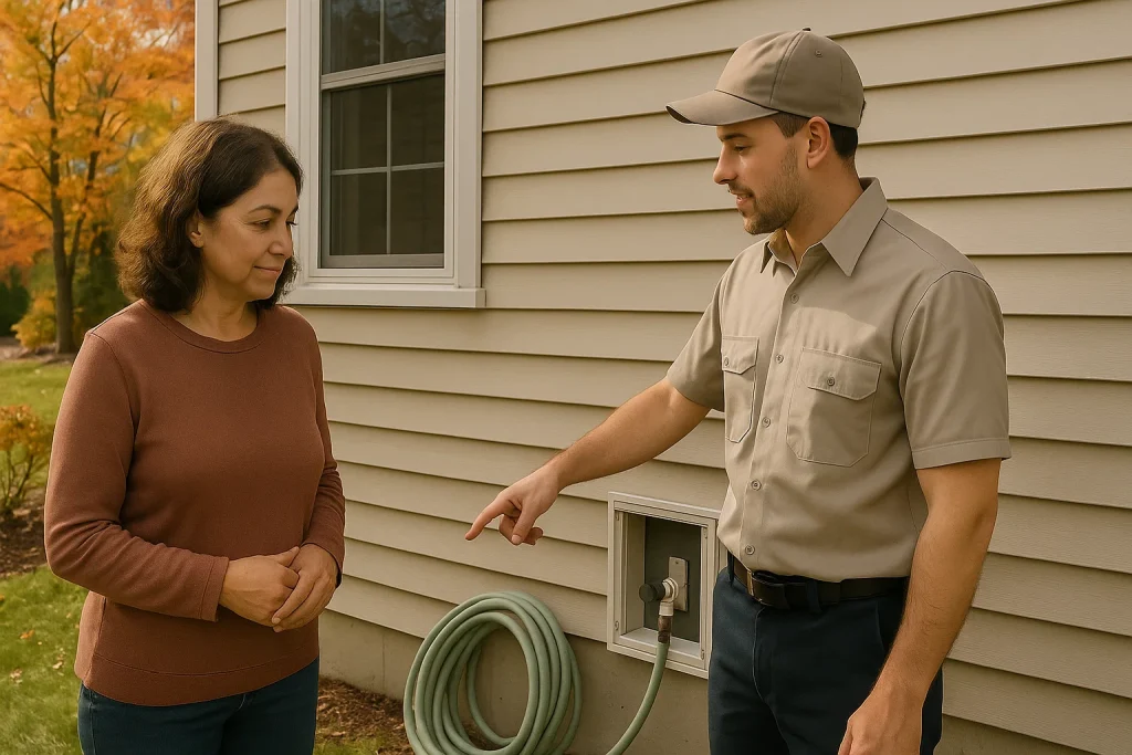Homeowner reviewing fall plumbing checklist with plumber at insulated hose bibs
