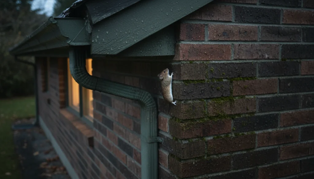 Mouse climbing exterior wall near roofline entering home