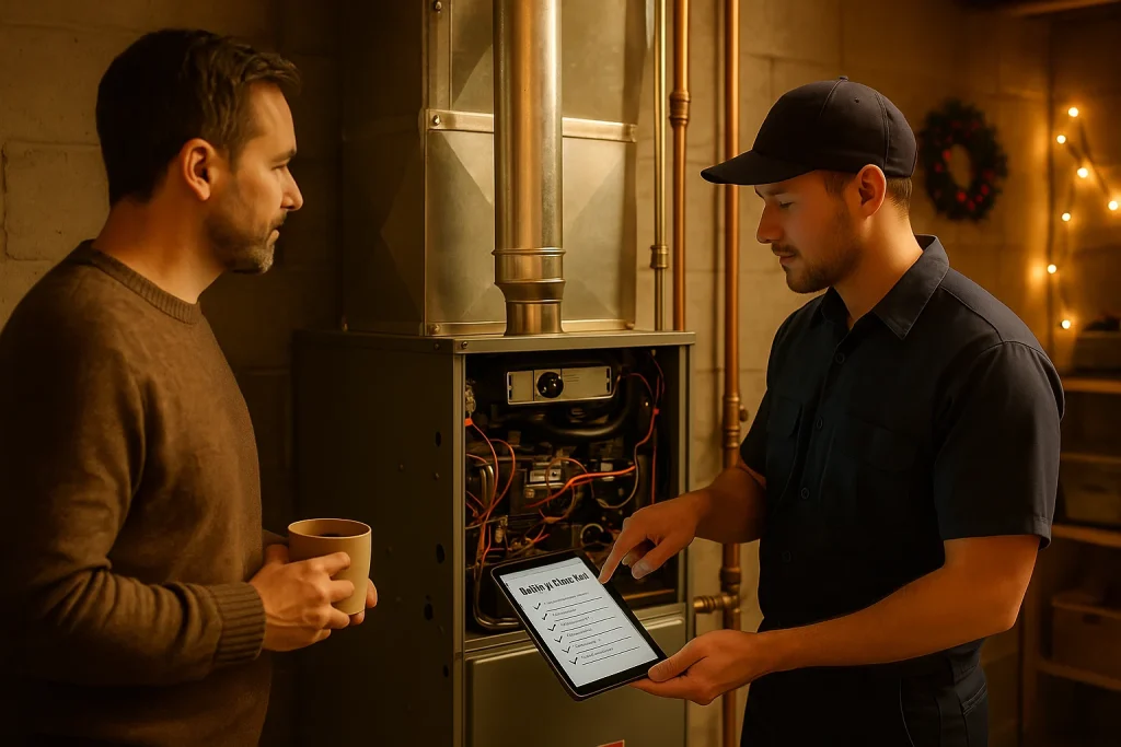 Technician from Carney All Seasons inspecting a home furnace ahead of the holidays to prevent a heating breakdown.