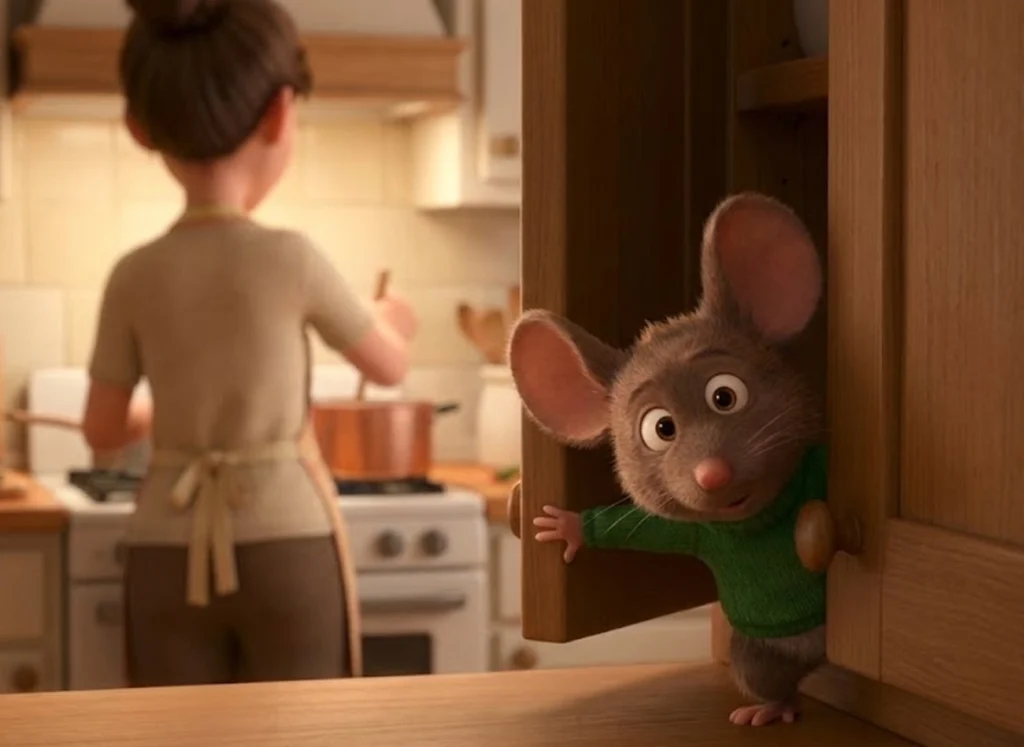 A cartoon mouse, peering out form behind a pantry door.