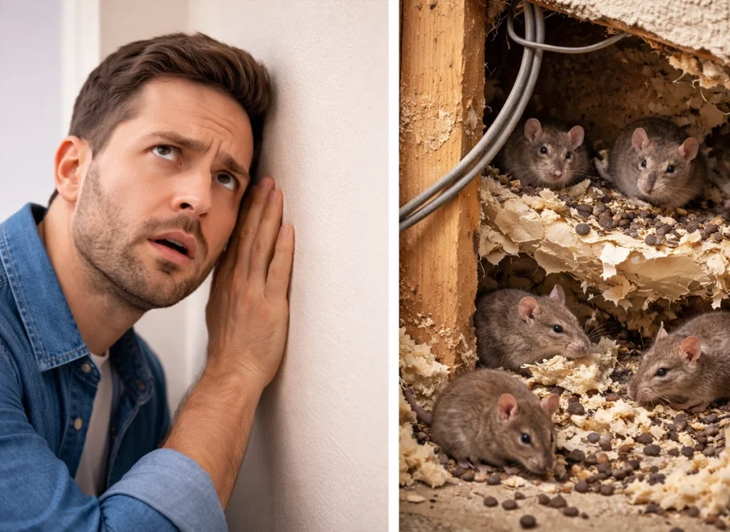 Man listening to mice inside of his wall.