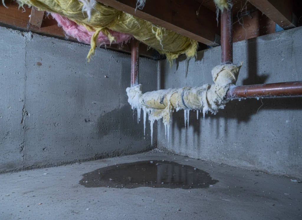 Frozen pipe with visible frost and water leakage in a residential basement during winter