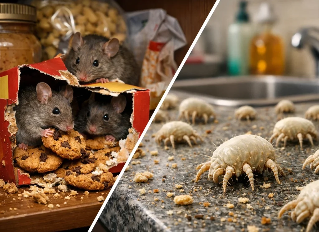 Split screen image, one side is mice be fasting, a cupboard, and the other is mites on the kitchen counter