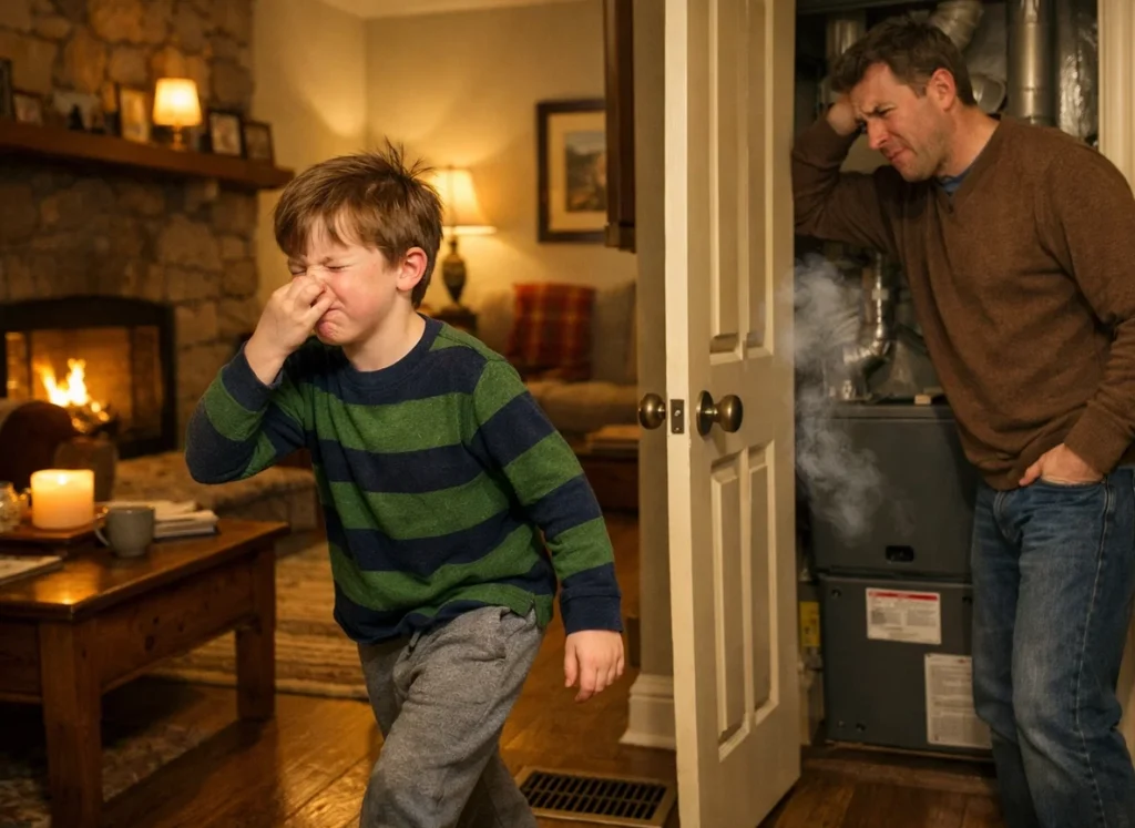 Child holds nose near floor vent as parent investigates furnace smell in Bucks County home