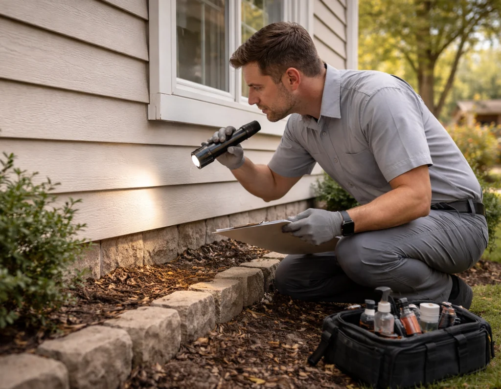 Professional pest control technician inspecting home exterior perimeter