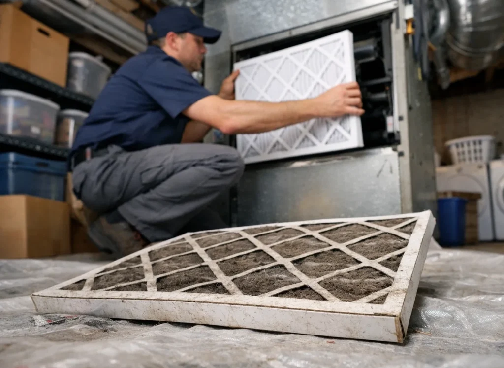 An HVAC technician changing a furnace air filter.