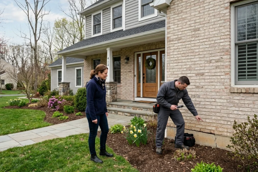 Homeowner meeting pest control technician for spring inspection