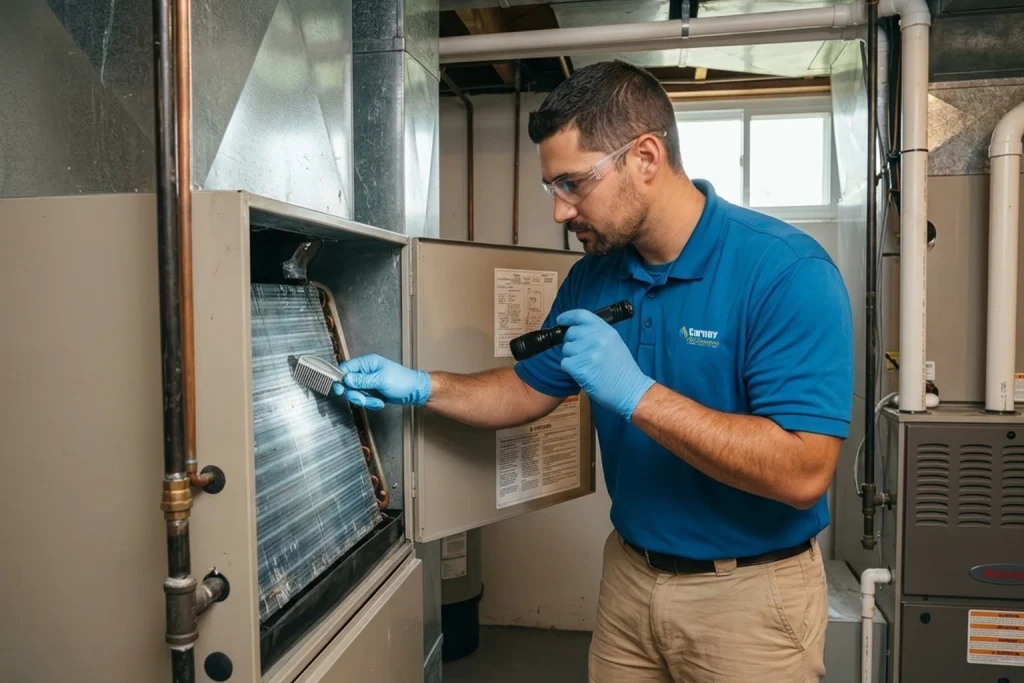 HVAC technician cleaning indoor evaporator coil