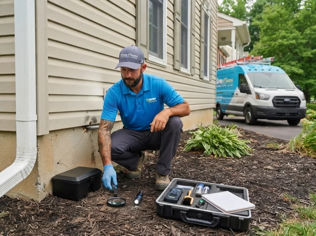 Pest control technician inspecting foundation gaps and monitoring stations