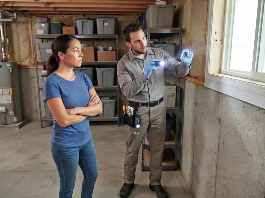 Homeowner and pest technician inspecting an August basement spider web