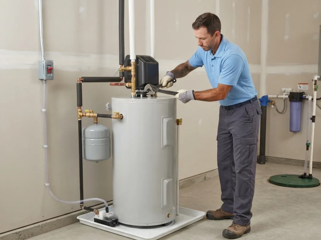Plumber installing a high-efficiency heat-pump water heater