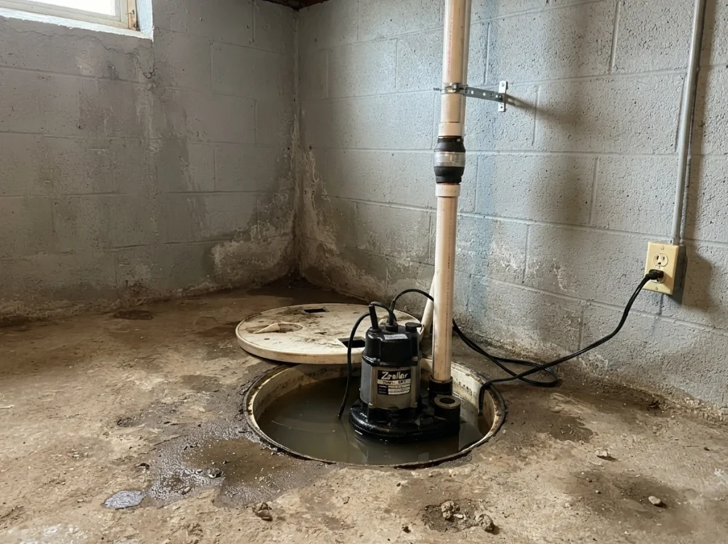 An old sump pump in the corner of the basement
