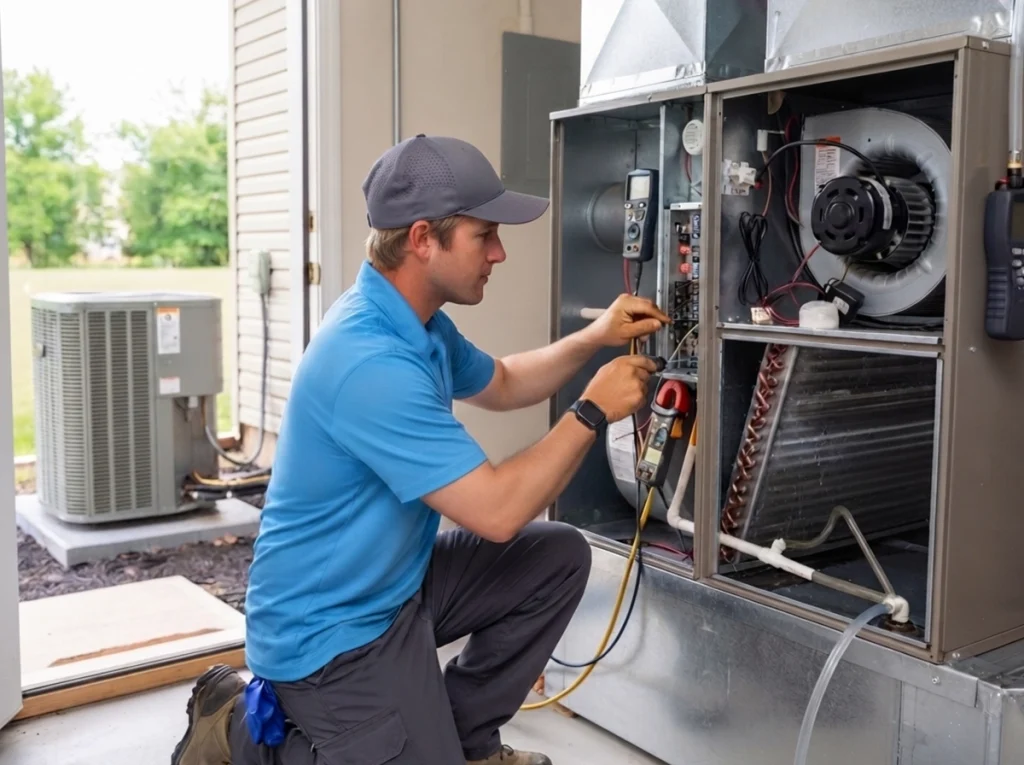 HVAC technician commissioning a variable-speed AC for better humidity control