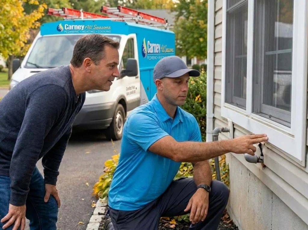 Pennsylvania homeowner reviewing fall pest prevention with technician