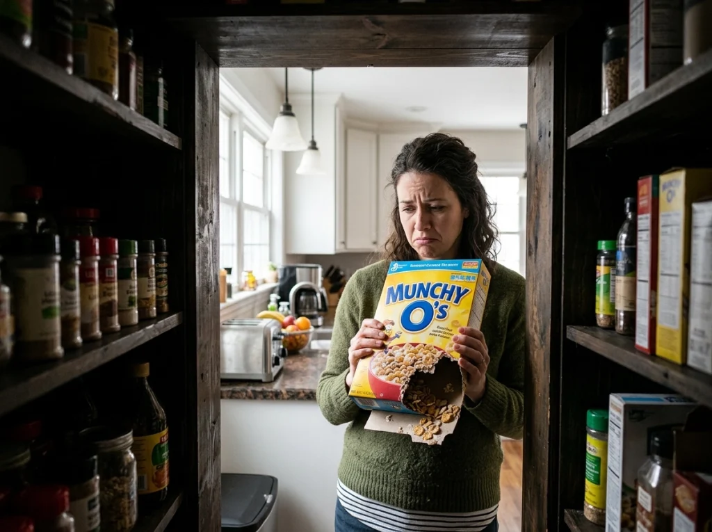 A women disappointed because the mice got to her morning cereal.