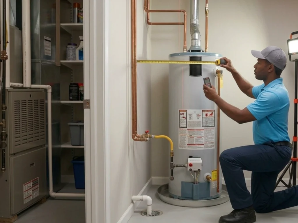Plumber measuring utility room clearances before a new water heater installation