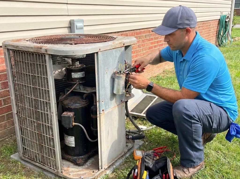 An HVAC technician replacing a capacitor on an AC condenser unit.